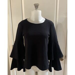 Eri + Ali Anthropologie Ruffle Tiered Bell Flare Sleeve Top Pullover Black -XS